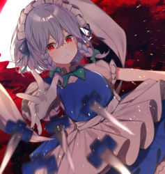 Rule 34 | 1girl, apron, blue dress, blurry, blurry background, blurry foreground, blush, bow, braid, closed mouth, commentary request, cowboy shot, depth of field, dress, frilled sleeves, frills, green bow, hair between eyes, hair bow, highres, izayoi sakuya, knife, looking at viewer, maid headdress, petticoat, puffy short sleeves, puffy sleeves, red eyes, short hair, short sleeves, silver hair, solo, star-shaped pupils, star (symbol), symbol-shaped pupils, throwing knife, touhou, twin braids, weapon, yurui tuhu