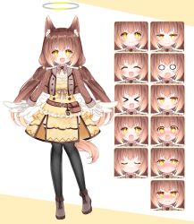 Rule 34 | &gt; &lt;, 1girl, :d, ^ ^, animal ear fluff, animal ears, black thighhighs, blush, boots, breasts, brown background, brown hair, brown jacket, closed eyes, closed mouth, commentary request, copyright request, cropped jacket, dress, expressions, fang, feathered wings, gloves, grey footwear, halo, highres, jacket, long hair, long sleeves, low twintails, low wings, medium breasts, nose blush, o o, official art, open clothes, open jacket, open mouth, parted lips, shikito (yawa0w0), smile, standing, tail, teardrop, tears, thighhighs, twintails, two-tone background, v-shaped eyebrows, very long hair, wavy mouth, white background, white gloves, white wings, wings, xd, yellow dress, yellow eyes