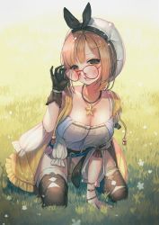Rule 34 | 1girl, atelier (series), atelier ryza, atelier ryza 1, bespectacled, black gloves, breasts, brown thighhighs, cleavage, glasses, gloves, grass, hanato (seonoaiko), hand up, hat, highres, jewelry, kneeling, large breasts, looking at viewer, necklace, red-framed eyewear, reisalin stout, single glove, solo, star (symbol), star necklace, teeth, thighhighs, upper teeth only, white hat, white thighhighs