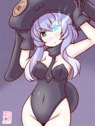 Rule 34 | 1girl, abyssal ship, animal ears, artist logo, bare shoulders, black leotard, blue eyes, blush, breasts, cleavage, colored skin, covered navel, cowboy shot, detached collar, fake animal ears, fake tail, glowing, glowing eyes, gradient background, headgear, highleg, highleg leotard, kanon (kurogane knights), kantai collection, leotard, looking at viewer, medium breasts, pale skin, playboy bunny, purple background, rabbit ears, rabbit tail, smile, solo, strapless, strapless leotard, tail, white hair, white skin, wo-class aircraft carrier, wrist cuffs