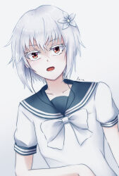 Rule 34 | 1girl, a certain high school uniform, accelerator (toaru majutsu no index), albino, ambiguous gender, androgynous, blue sailor collar, bow, colored eyelashes, electrodes, flat chest, flower, hair flower, hair ornament, head tilt, highres, leaning, looking at viewer, open mouth, red eyes, rei na, sailor collar, school uniform, shirt, short hair, short sleeves, signature, solo, summer uniform, suzushina yuriko, toaru majutsu no index, upper body, white background, white bow, white hair, white shirt