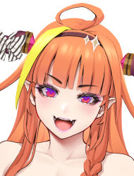 Rule 34 | 1girl, ahoge, bare shoulders, bow, close-up, collarbone, diagonal-striped bow, dragon girl, dragon horns, fangs, highres, hololive, horns, kiryu coco, open mouth, orange hair, pointy ears, portrait, purple eyes, simple background, solo, terumin (yuganda sebone), v-shaped eyebrows, virtual youtuber, white background