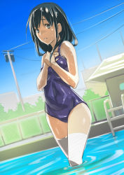 Rule 34 | 1girl, absurdres, black hair, breasts, dutch angle, green eyes, highres, large breasts, long hair, looking at viewer, one-piece swimsuit, original, outdoors, pool, pool ladder, power lines, school swimsuit, sky, solo, standing, super bakemono, swimsuit, thighhighs, tree, wading, water