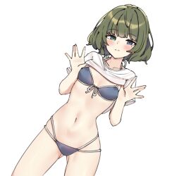 Rule 34 | 1girl, aa211108, bikini, bikini under clothes, blush, breasts, breasts out, gluteal fold, green hair, heterochromia, holding, holding clothes, idolmaster, idolmaster cinderella girls, mole, mole under eye, open hands, small breasts, solo, swimsuit, swimsuit under clothes, takagaki kaede, thighs