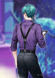 Rule 34 | 1boy, aqua hair, arm at side, ass, bad id, bad pixiv id, belt, black hair, black pants, blurry, blurry background, clipboard, collared shirt, cowboy shot, earrings, facing away, floyd leech, from behind, holding, iro 178, jewelry, male focus, multicolored hair, pants, purple shirt, shirt, sidelocks, sleeves rolled up, solo, streaked hair, suspenders, twisted wonderland, two-tone hair