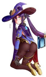 Rule 34 | 1girl, ass, blush, cape, detached sleeves, embarrassed, from behind, frown, genshin impact, gloves, green eyes, hat, high heels, kneeling, long hair, looking at viewer, looking back, mona (genshin impact), pantyhose, purple hair, solo, twintails, very long hair, wavy mouth, zrz