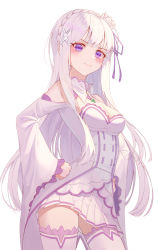 Rule 34 | 1girl, bad id, bad pixiv id, blush, braid, breasts, cleavage, closed mouth, clothing cutout, collar, cowboy shot, crown braid, daimi 94, detached collar, emilia (re:zero), floating hair, hair ribbon, hand on own hip, highres, jewelry, long hair, looking at viewer, medium breasts, miniskirt, pendant, pleated skirt, purple eyes, purple ribbon, re:zero kara hajimeru isekai seikatsu, ribbon, shoulder cutout, silver hair, simple background, skirt, solo, standing, thighhighs, very long hair, white background, white collar, white skirt, white thighhighs, zettai ryouiki
