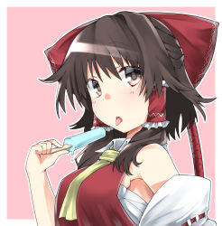 Rule 34 | 1girl, :o, bare shoulders, blush, bow, breasts, brown eyes, brown hair, commentary request, detached sleeves, dripping, food, hair bow, hair tubes, hakurei reimu, half updo, highres, ice cream, kz oji, large bow, looking at viewer, medium breasts, medium hair, melting, neckerchief, popsicle, sarashi, sideboob, solo, tongue, tongue out, touhou