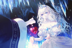 Rule 34 | 1girl, 1other, bare shoulders, blue eyes, blurry, bow, crown, crystal, dress, fajyobore, frills, fur trim, heart, holding, icicle, long hair, original, pale skin, parted lips, sparkle, standing, white bow, white dress, white hair
