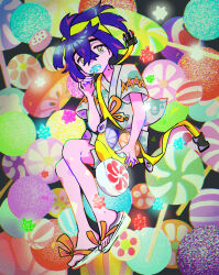 1boy anko_(ankochan_114) candy commentary_request creatures_(company) crossed_bangs food game_freak hair_between_eyes hairband hand_up highres holding kieran_(pokemon) lollipop male_focus mole mole_on_neck nintendo pokemon pokemon_sv sandals shirt short_hair short_sleeves shorts solo toes yellow_eyes