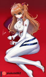 Rule 34 | 1girl, artist name, ass, blue eyes, breasts, cleavage, commentary, ear piercing, evangelion: 3.0+1.0 thrice upon a time, eyepatch, hair ornament, highres, long hair, lying, medium breasts, neon genesis evangelion, on side, orange hair, parted lips, patreon username, piercing, piukute062, plugsuit, rebuild of evangelion, red background, shiny clothes, signature, solo, souryuu asuka langley, tight clothes