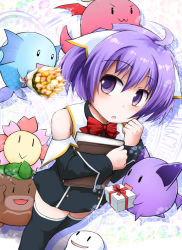 Rule 34 | 1girl, :d, :o, ahoge, black dress, black thighhighs, blush, book, hugging book, bow, bowtie, box, commentary request, detached sleeves, dress, dutch angle, flower, fujisaka lyric, gift, gift box, hair ribbon, holding, holding book, holding gift, long sleeves, looking at another, looking back, myu (quiz magic academy), hugging object, open mouth, parted lips, purple eyes, purple hair, quiz magic academy, red bow, red bowtie, ribbon, short hair, sleeveless, sleeveless dress, smile, solo, standing, thighhighs, two side up, white ribbon