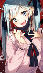 Rule 34 | 1girl, :d, black bow, blue eyes, blush, bow, breasts, collared shirt, commentary request, ear piercing, earrings, facial mark, fangs, frilled shirt collar, frills, hair bow, hands up, hatsune miku, head tilt, heart, highres, jewelry, long hair, long sleeves, mask, mask pull, mouth mask, nail polish, open mouth, piercing, pink shirt, pulled by self, red background, red nails, ring, sakuragi ren, shirt, silver hair, sleeves past wrists, small breasts, smile, solo, sparkle, twintails, upper body, vampire (vocaloid), vocaloid