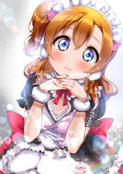 Rule 34 | 1girl, absurdres, apron, aqua eyes, artist name, artist request, black dress, blue eyes, blush, bow, breasts, cleavage, dress, female focus, highres, kosaka honoka, long hair, love live!, love live! school idol festival, love live! school idol project, maid, maid apron, maid cap, maid headdress, mogyutto &quot;love&quot; de sekkin chuu!, nail, nail polish, one side up, orange hair, own hands together, pink nails, red bow, short hair, side ponytail, smile, solo, standing