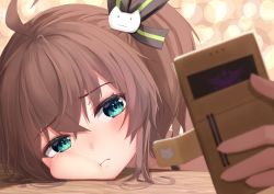 Rule 34 | 1girl, :t, absurdres, ahoge, blue eyes, blurry, blurry foreground, blush, brown hair, cat hair ornament, cheek bulge, closed mouth, commentary request, depth of field, hair between eyes, hair ornament, hair ribbon, highres, holding, holding phone, hololive, looking at phone, natsuiro matsuri, one side up, phone, portrait, ribbon, selfie, solo, starkamisan, virtual youtuber