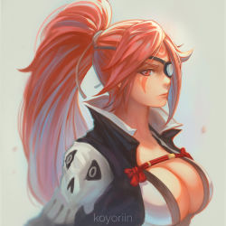 Rule 34 | 1girl, baiken, breasts, cleavage, collared jacket, eyepatch, facial tattoo, grey background, guilty gear, guilty gear xrd, jacket, koyorin, large breasts, long hair, looking at viewer, ponytail, red eyes, red hair, simple background, solo, tattoo