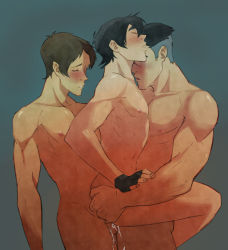 Rule 34 | 10s, 3boys, anal, artist request, black hair, blush, brown hair, double anal, double penetration, erection, feet, group sex, highres, hyakujuu-ou golion, lance (voltron), leg lift, looking at another, male focus, male penetrated, mmm threesome, multicolored hair, multiple anal, multiple boys, multiple insertions, multiple penetration, nude, penis, scar, sex, sweat, takashi shirogane, tan, threesome, voltron, white hair, wince, yaoi