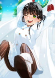 Rule 34 | 1girl, ;d, arms up, bad id, bad pixiv id, black hair, blue sky, blush, boots, brown footwear, brown pants, coat, day, fur-trimmed boots, fur-trimmed coat, fur-trimmed sleeves, fur trim, gloves, hair ornament, hairclip, kawaoka sachio, kurosawa dia, long hair, long sleeves, love live!, love live! school idol festival, love live! sunshine!!, mole, one eye closed, open mouth, outdoors, pants, pinstripe pants, pinstripe pattern, red gloves, sky, smile, snow, solo, striped clothes, striped pants, teeth, tree, upper teeth only, vertical-striped clothes, vertical-striped pants, white coat