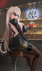 Rule 34 | 1girl, absurdres, alcohol, backless outfit, bar stool, black dress, bottle, breasts, counter, cup, dress, drinking glass, earrings, highres, jewelry, large breasts, long hair, nightclub, original, red eyes, sideboob, sogogy, stool, sunglasses, thighhighs, white hair, wine