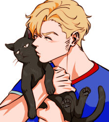 Rule 34 | 1boy, aiue oh, animal, animalization, annoyed, ao isami, black cat, black fur, black hair, blonde hair, blue shirt, blush, cat, closed eyes, commentary request, facial hair, holding, holding animal, holding cat, kiss, kissing animal, lewis smith, male focus, pawpads, shirt, short hair, sideburns stubble, simple background, stubble, upper body, whiskers, white background, yuuki bakuhatsu bang bravern