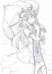 Rule 34 | 1girl, blush, bow, closed mouth, commentary request, dress, feet out of frame, from above, graphite (medium), greyscale, hand on own face, hat, hat bow, hat ribbon, head tilt, holding, juliet sleeves, long dress, long hair, long sleeves, looking at viewer, mahiro (akino-suisen), mob cap, monochrome, one-hour drawing challenge, parasol, puffy sleeves, ribbon, solo, standing, tabard, touhou, traditional media, umbrella, yakumo yukari