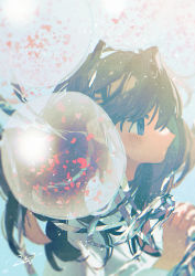 Rule 34 | 1girl, balloon, blue eyes, brown hair, commentary request, from side, highres, light blush, light particles, original, own hands clasped, own hands together, potg (piotegu), profile, shirt, signature, solo, upper body, white shirt