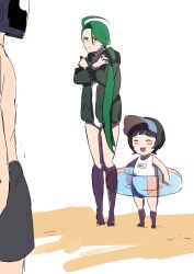 Rule 34 | 1boy, 2girls, artist self-insert, bare legs, barefoot, black hair, black necktie, blush stickers, closed eyes, creatures (company), crossed arms, dress, embarrassed, feet, full body, game freak, green hair, helmet, highres, innertube, jacket, legs, long hair, looking at another, looking at viewer, low ponytail, multiple girls, necktie, nintendo, one-piece swimsuit, open mouth, pokemon, pokemon sv, poppy (pokemon), pout, red eyes, rika (pokemon), simple background, size difference, smile, standing, swim ring, swimsuit, swimsuit under clothes, toes, tomboy, uranosaxia, very long hair, white one-piece swimsuit