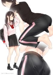 Rule 34 | 1girl, all fours, ama mitsuki, arm up, artist name, ass, bag, bare shoulders, black hair, black legwear, bow, bowtie, breasts, brown eyes, collared shirt, dated, from side, hair over shoulder, hand on own head, high heels, loafers, long hair, long sleeves, multiple views, open cuffs, original, pants, pantylines, pleated skirt, ponytail, profile, school bag, school uniform, shirt, shoes, shoulder bag, simple background, skirt, small breasts, socks, track pants, twitter username, white background