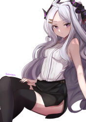 Rule 34 | 1girl, ahoge, black skirt, blue archive, commentary request, crossed arms, daweykun, demon girl, demon horns, dress, forehead, hair ornament, hairclip, hand on own thigh, highres, hina (blue archive), horns, long hair, looking at viewer, parted bangs, pencil skirt, ponytail, purple eyes, side slit, sidelocks, simple background, sitting, skirt, sleeveless, solo, thighhighs, white background, white dress, white hair, zettai ryouiki