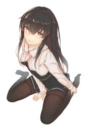 Rule 34 | 10s, 1girl, absurdres, asashio (kancolle), between legs, black hair, black pantyhose, blouse, blue eyes, dress, foodtoyc, from above, full body, hair between eyes, hand between legs, hand on ankle, hand on leg, highres, kantai collection, long hair, looking at viewer, miniskirt, pantyhose, pinafore dress, pleated dress, pleated skirt, school uniform, shirt, sitting, skirt, sleeveless, sleeveless dress, smile, solo, white background, white shirt