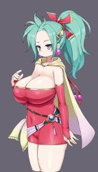 Rule 34 | 1girl, blue eyes, breasts, bridal gauntlets, cape, cleavage, closed mouth, covered navel, dress, earrings, final fantasy, final fantasy vi, green hair, groin, highres, huge breasts, jewelry, long hair, looking at viewer, plump, ponytail, sawati, simple background, skin tight, skirt, solo, tina branford