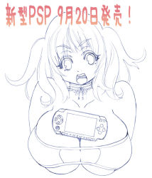 Rule 34 | 1girl, :o, breasts, choker, handheld game console, huge breasts, long hair, monochrome, outline, playstation portable, short twintails, solo, tsuutenkaaku, twintails