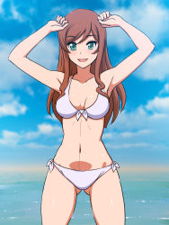 Rule 34 | 10s, 1girl, arms up, bikini, blush, breasts, brown hair, green eyes, gundam, gundam build fighters, gundam build fighters try, happy, highres, kamiki mirai, legs, long hair, looking at viewer, navel, ocean, open mouth, sky, smile, solo, standing, swimsuit, thighs, water, yuki (12cut)