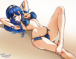 Rule 34 | 1girl, alternate costume, arms behind head, artist name, barefoot, bikini, blue bikini, blue eyes, blue hair, closed mouth, dated, english text, fire emblem, hair between eyes, long hair, looking at viewer, lucina (fire emblem), lying, mina cream, nintendo, on back, on ground, sand, solo, swimsuit, toenails, toes, v-shaped eyebrows