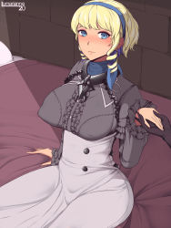 Rule 34 | 1girl, artist name, bed, black gloves, blonde hair, blue eyes, blue hairband, blush, breasts, closed mouth, constance von nuvelle, dress, drill hair, earrings, fire emblem, fire emblem: three houses, garreg mach monastery uniform, gloves, hairband, holding hands, highres, holding, jewelry, large breasts, logo, long sleeves, looking at viewer, lumarianne20, multicolored hair, nintendo, pillow, purple hair, scarf, shadow, short hair, sitting, smile, solo focus, uniform