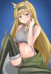 Rule 34 | 1girl, animal ear fluff, animal ears, arknights, bare arms, bare shoulders, blonde hair, blue background, blush, breasts, choker, commentary request, crop top, feet out of frame, green choker, green eyes, grey hairband, hairband, hand up, highres, horn (arknights), knee up, large breasts, long hair, looking at viewer, magaasha, midriff, navel, parted lips, sitting, solo, sports bra, stomach, striped clothes, striped thighhighs, thighhighs, vertical-striped clothes, vertical-striped thighhighs, very long hair, wolf ears