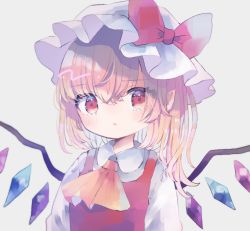Rule 34 | 1girl, ascot, blonde hair, blush, bow, crystal, flandre scarlet, hat, hat bow, hiyuu (hiyualice), looking at viewer, medium hair, mob cap, one side up, pointy ears, red bow, red vest, shirt, solo, touhou, upper body, vest, white background, white hat, white shirt, wings, yellow ascot