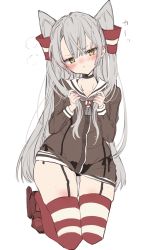 Rule 34 | 1girl, amatsukaze (kancolle), black dress, blush, breasts, chigasaki yukari, closed mouth, commentary request, dress, flying sweatdrops, garter straps, grey hair, hair between eyes, hair tubes, highres, kantai collection, kneeling, long hair, long sleeves, looking at viewer, orange eyes, rudder footwear, sailor collar, sailor dress, simple background, small breasts, solo, striped clothes, striped thighhighs, thighhighs, trembling, two side up, very long hair, white background, white sailor collar