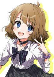 1girl :d ahoge bangle black_bow black_bowtie black_choker black_nails black_socks blue_eyes blunt_bangs blush bow bowtie bracelet brown_hair choker collarbone collared_shirt concept_gyarus_(idolmaster) diagonal-striped_bow diagonal-striped_bowtie diagonal-striped_clothes dot_nose drop_shadow eyelashes flat_chest grey_skirt gyaru hand_up heart heart_choker idolmaster idolmaster_million_live! idolmaster_million_live!_theater_days jewelry looking_at_viewer loose_bowtie medium_hair official_alternate_costume open_collar open_mouth parted_bangs pink_scrunchie plaid_clothes plaid_skirt pleated_skirt pqpqpq783 school_uniform scrunchie shirt sidelocks signature silver_bangle silver_bracelet silver_ring simple_background skirt sleeves_rolled_up smile socks solo striped_clothes suou_momoko teeth upper_body upper_teeth_only v wavy_hair white_background white_shirt wrist_scrunchie