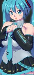 Rule 34 | 1girl, :d, aqua eyes, aqua hair, aqua nails, aqua necktie, bare shoulders, boots, breasts, breasts squeezed together, collared shirt, commentary request, cowboy shot, curvy, detached sleeves, elbow gloves, gloves, gradient background, grey shirt, hair ornament, hatsune miku, headphones, headset, highres, large breasts, long hair, looking at viewer, mage (harumagedon), miniskirt, necktie, open mouth, own hands together, pleated skirt, plump, shirt, simple background, skindentation, skirt, sleeveless, sleeveless shirt, smile, solo, teeth, thick thighs, thigh boots, thighhighs, thighs, twintails, upper teeth only, vocaloid, zettai ryouiki