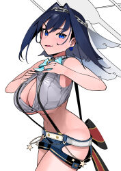 Rule 34 | 1girl, blue hair, breasts, cleavage, cleavage cutout, clothing cutout, dismassd, groun, highres, hololive, hololive english, huge breasts, navel, ouro kronii, revealing clothes, shadow, solo, tagme, underboob, virtual youtuber