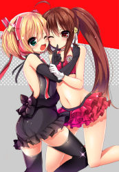 Rule 34 | 2girls, ;d, blonde hair, brown hair, elbow gloves, finger to mouth, frills, gloves, green eyes, hug, kamikita komari, little busters!, long hair, masayu, midriff, mouth hold, multiple girls, natsume rin, one eye closed, open mouth, ponytail, red eyes, skirt, smile, thighhighs, twintails, wink, yuri