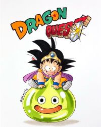 Rule 34 | a24wks, artist name, black eyes, black hair, cape, circlet, commentary request, copyright name, cosplay, creator connection, crossover, dougi, dragon ball, dragon ball (classic), dragon quest, dragon quest iii, hero (dq3), hero (dq3) (cosplay), highres, marker (medium), ruyi jingu bang, open mouth, purple cape, signature, sitting, sitting on person, slime (dragon quest), smile, son goku, traditional media