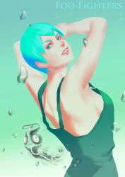 Rule 34 | 1girl, absurdres, aqua hair, arms up, artist name, blue eyes, blue hair, breasts, character name, dual persona, foo fighters (jojo), foo fighters (stand), green hair, green overalls, highres, jojo no kimyou na bouken, looking at viewer, looking to the side, medium breasts, plankton, sideboob, smile, stand (jojo), stone ocean, vm (as92402), water