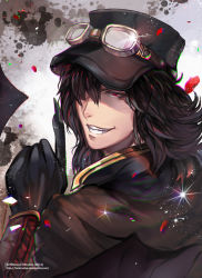 Rule 34 | 1boy, black hair, claws, glitter, goggles, grin, hat, jacket, looking at viewer, maerel hibadita, male focus, petals, portrait, red eyes, smile, solo