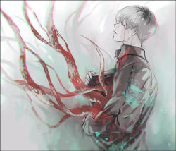 Rule 34 | 1boy, black hair, black shirt, blood, bloody tears, closed eyes, collared shirt, facing up, from side, gradient background, grey background, grey hair, kaneki ken, koujima shikasa, male focus, multicolored hair, open clothes, open shirt, parted lips, sasaki haise, shirt, short hair, solo, tentacles, tokyo ghoul, tokyo ghoul:re