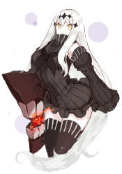Rule 34 | 10s, 1girl, abyssal ship, aircraft carrier water oni, breasts, colored skin, detached sleeves, dress, female focus, goekawa, kantai collection, large breasts, long hair, looking at viewer, ribbed sweater, sailor dress, scarf, short dress, solo, sweater, sweater dress, thighhighs, white background, white hair, white skin, wide hips, yellow eyes, zettai ryouiki