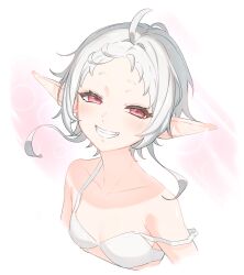 Rule 34 | 1girl, absurdres, ahoge, blush, bra, breasts, elf, highres, looking at viewer, mo (mo80 rr), mushoku tensei, off shoulder, pointy ears, red eyes, short hair, small breasts, smile, solo, sylphiette (mushoku tensei), underwear, white background, white hair