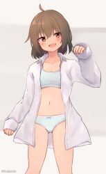Rule 34 | 1girl, ahoge, artist name, blush, bob cut, bra, brown hair, centi mnkt, cowboy shot, highres, looking at viewer, open clothes, open mouth, open shirt, original, oversized clothes, panties, red eyes, shirt, short hair, sidelocks, smile, solo, sports bra, twitter username, underwear, waving, white bra, white panties, white shirt, white sports bra