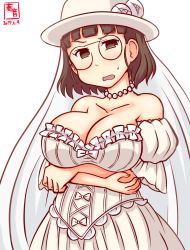 Rule 34 | 1girl, alternate costume, artist logo, blunt bangs, breasts, bridal veil, brown eyes, brown hair, cleavage, collarbone, commentary request, cowboy shot, crossed arms, dated, dress, embarrassed, frilled dress, frills, glasses, jewelry, kanon (kurogane knights), kantai collection, large breasts, looking at viewer, necklace, one-hour drawing challenge, pearl necklace, pince-nez, roma (kancolle), short hair, simple background, solo, veil, wavy hair, wedding dress, white background, white headwear